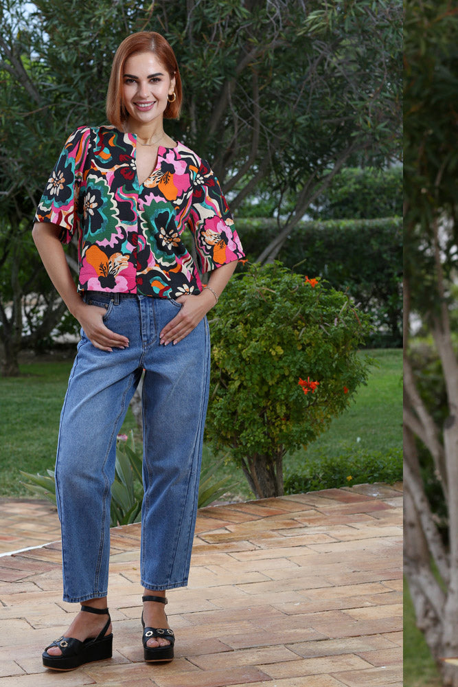 Rant & Rave Bobby Barrel Jean Mid Blue, front view on model