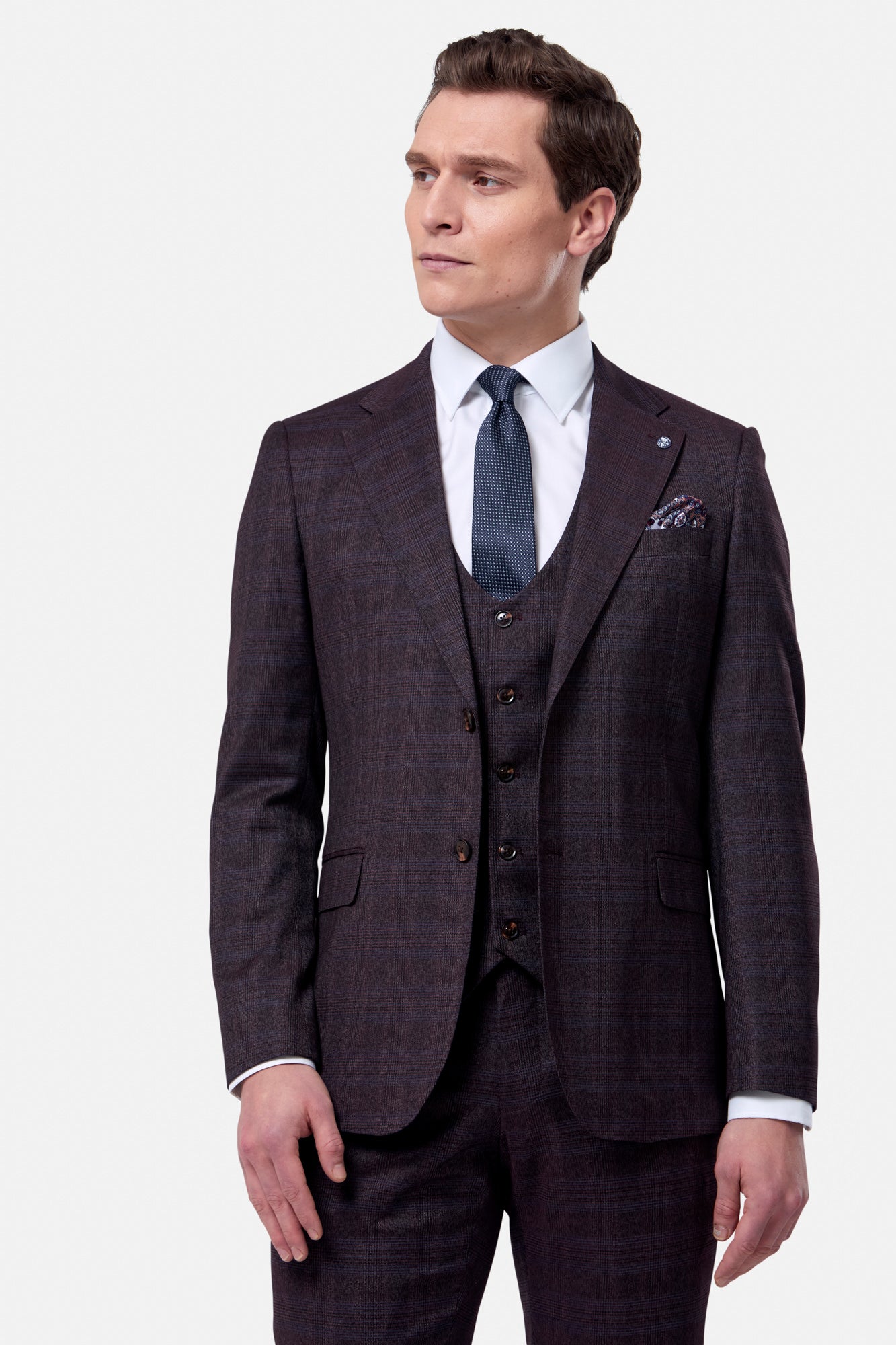 BENETTI Elijah Wine Check 3 Piece Tapered Fit Suit Wine Check flat front view