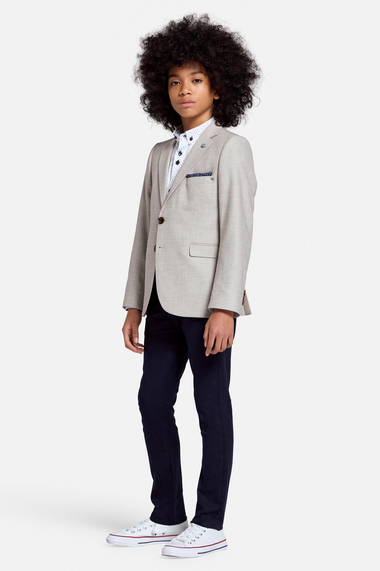 Side view of the Harry boys beige blazer