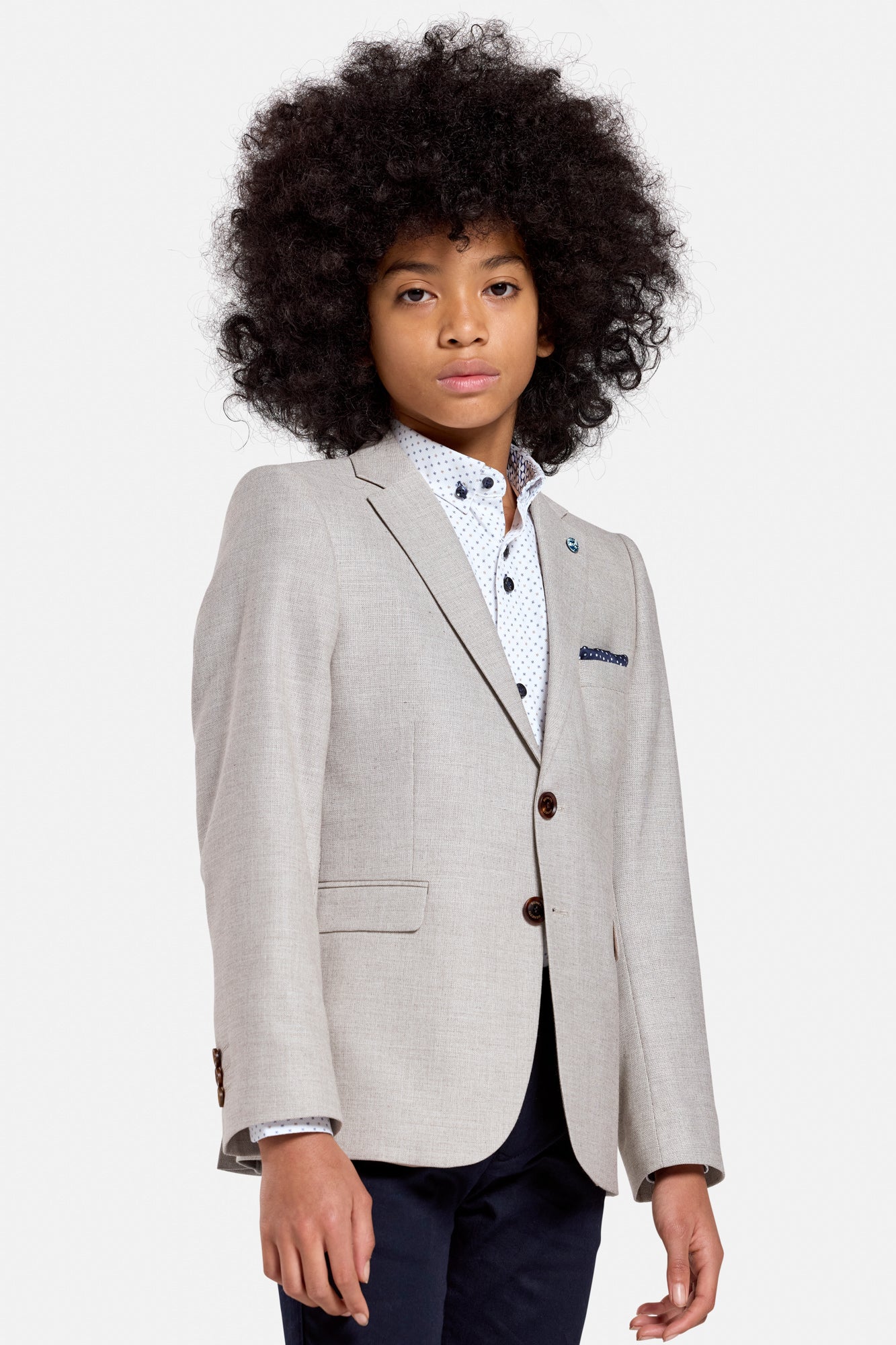 Close-up of the Harry boys beige blazer