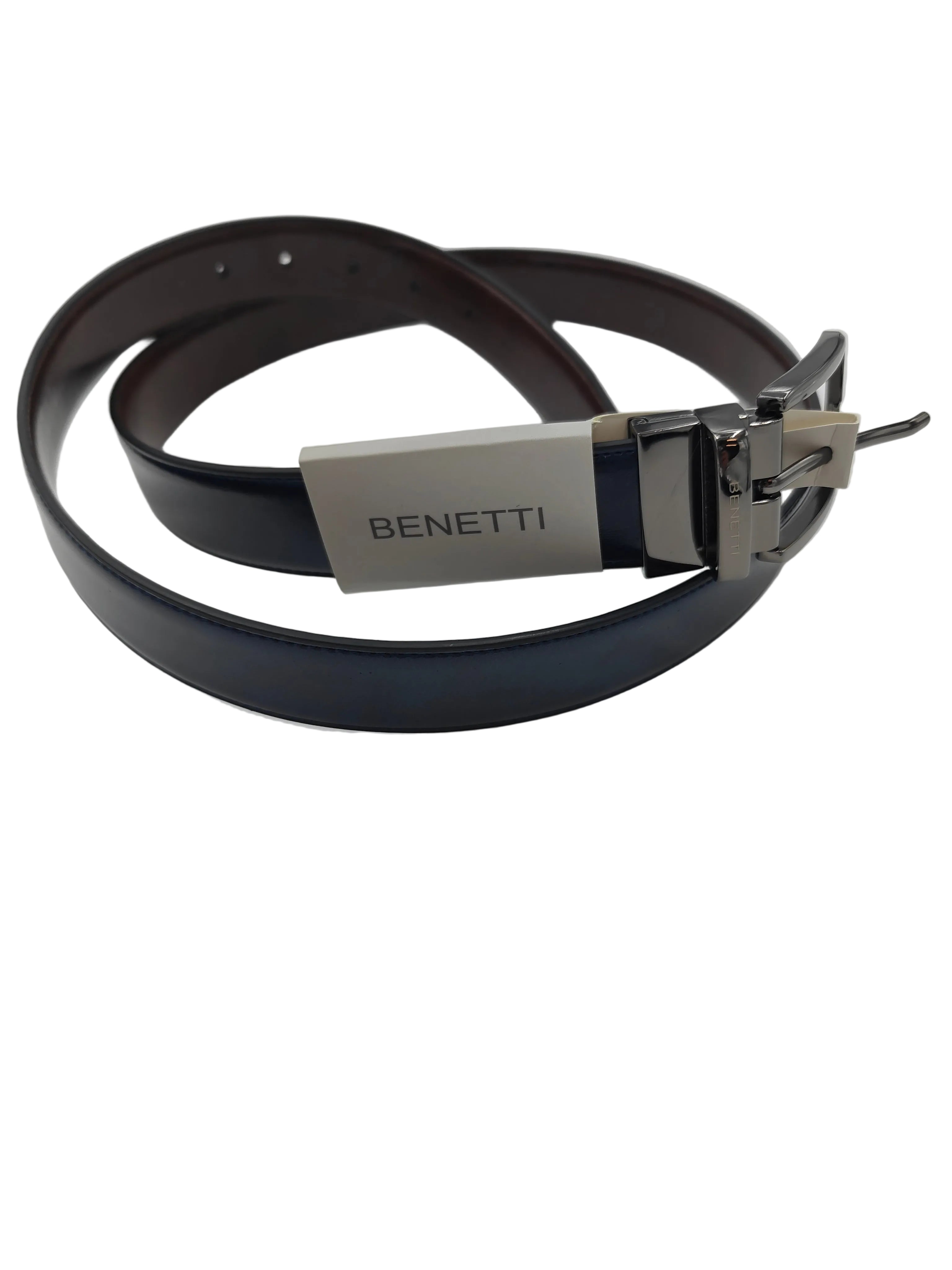 Brown or navy reversible belt with silver buckle on a white background