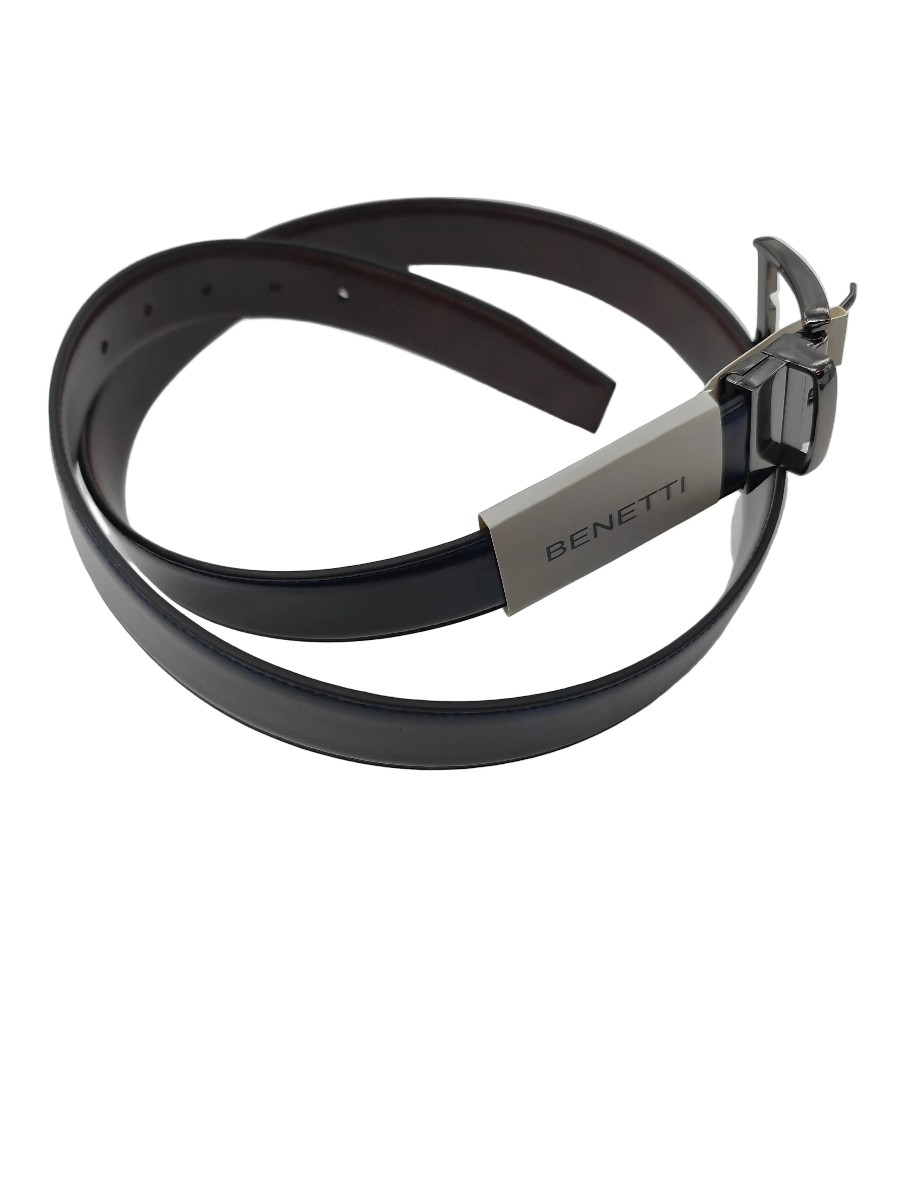 Brown and navy reversible belt with silver buckle on a white background
