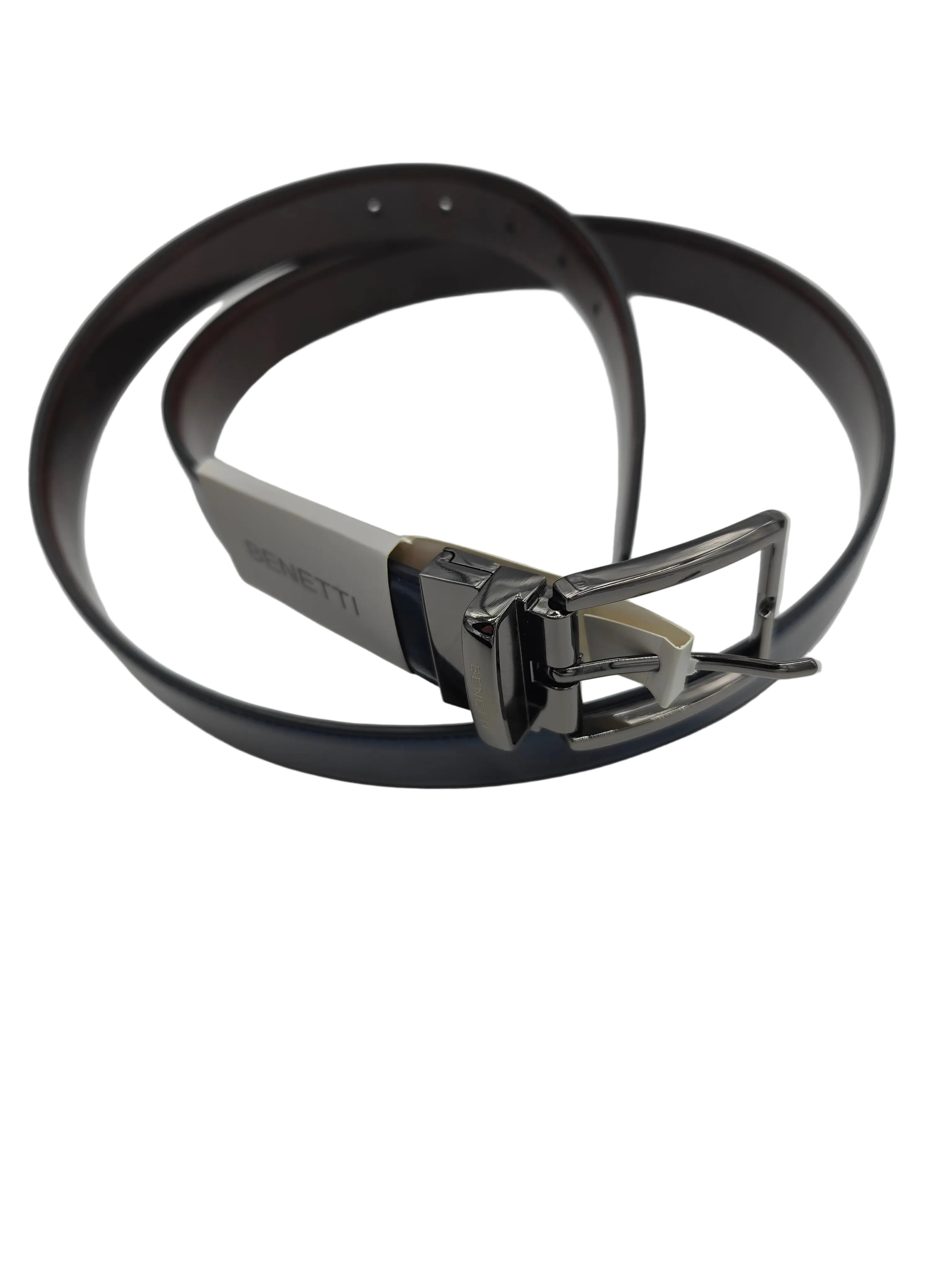 Navy or brown reversible belt with silver buckle on a white background