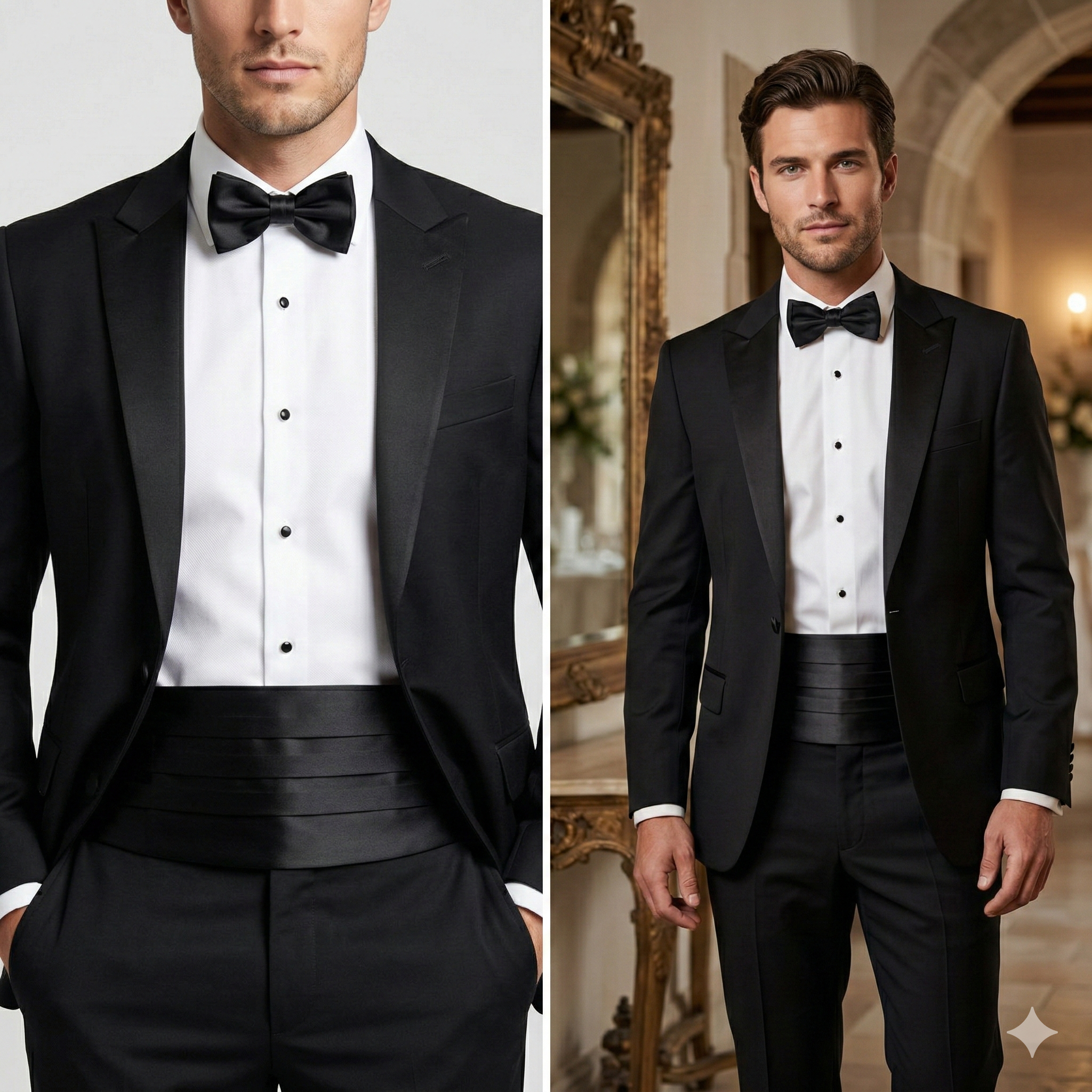 detailed close-up and a full portrait of a man wearing a black tuxedo with a black satin cummerbund.