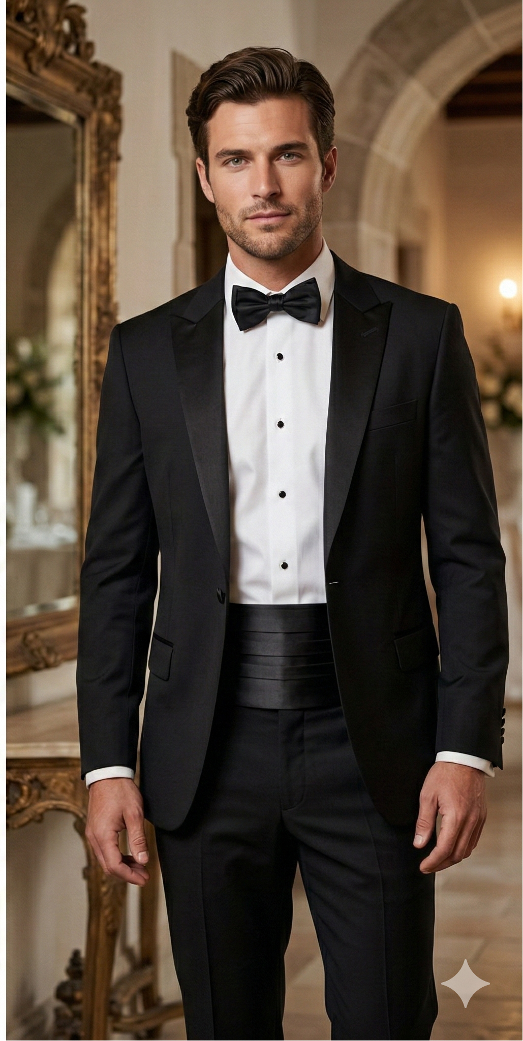 detailed full portrait of a man wearing a black tuxedo with a black satin cummerbund.
