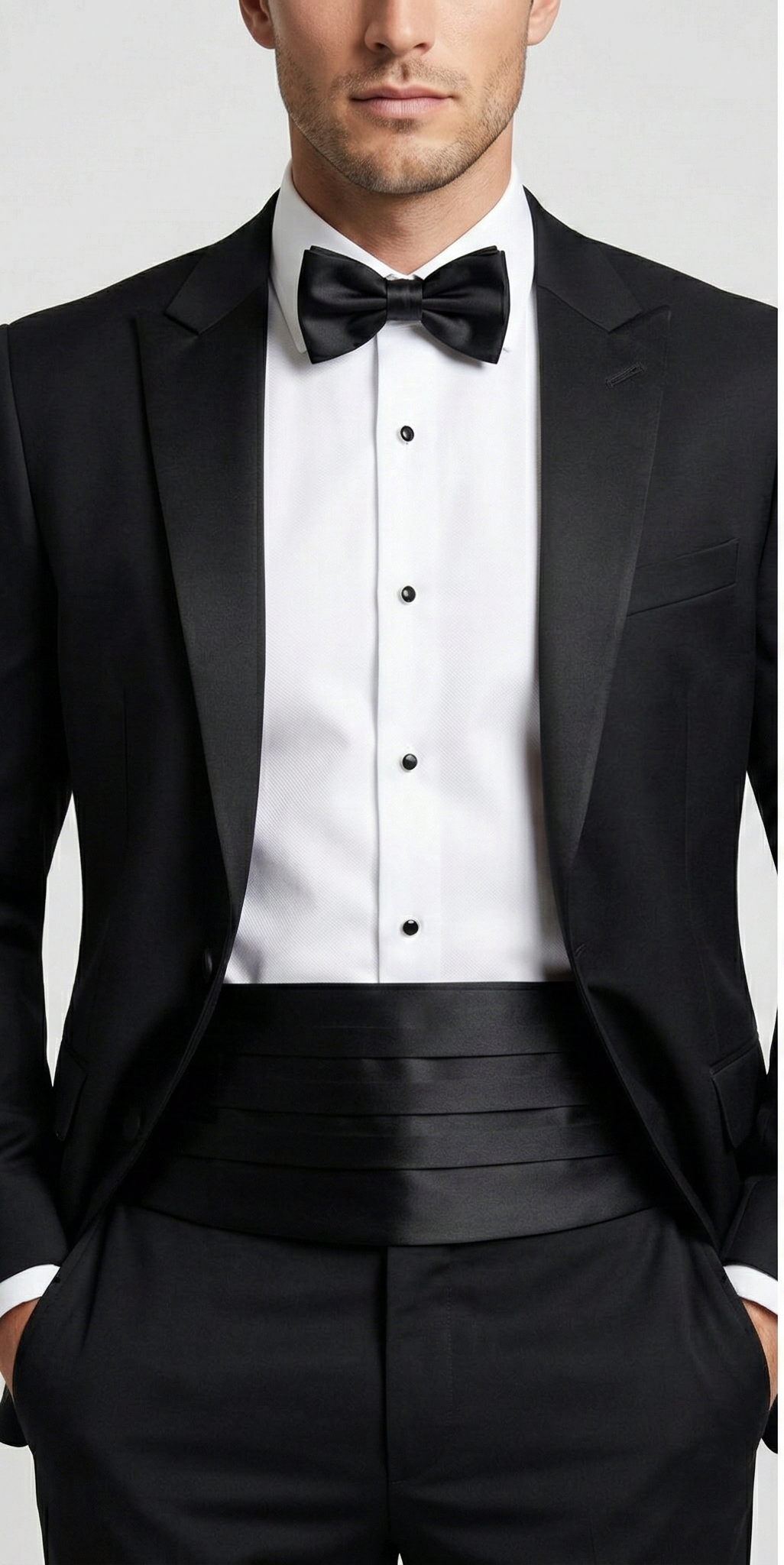 detailed close-up of a man wearing a black tuxedo with a black satin cummerbund.