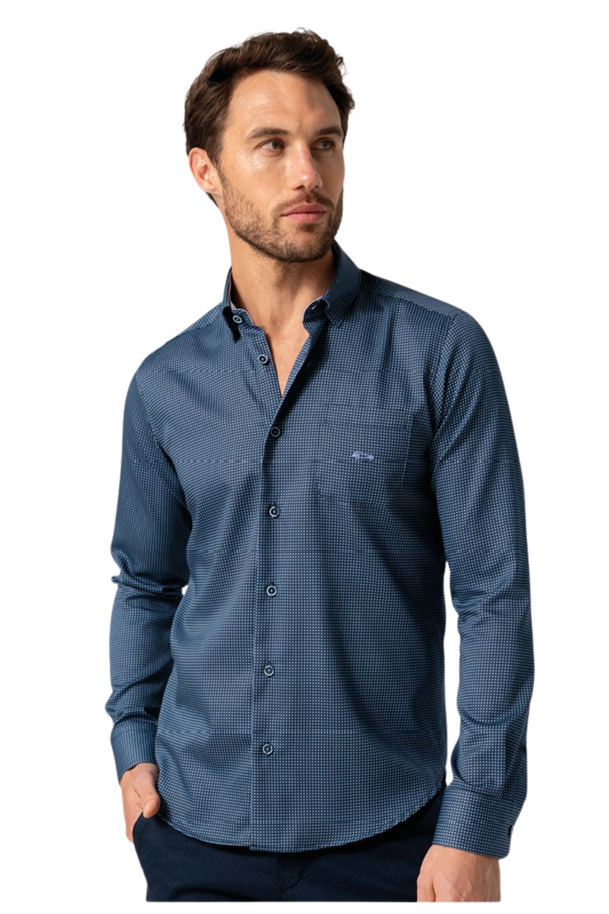 Man wearing a blue patterned shirt on a white background