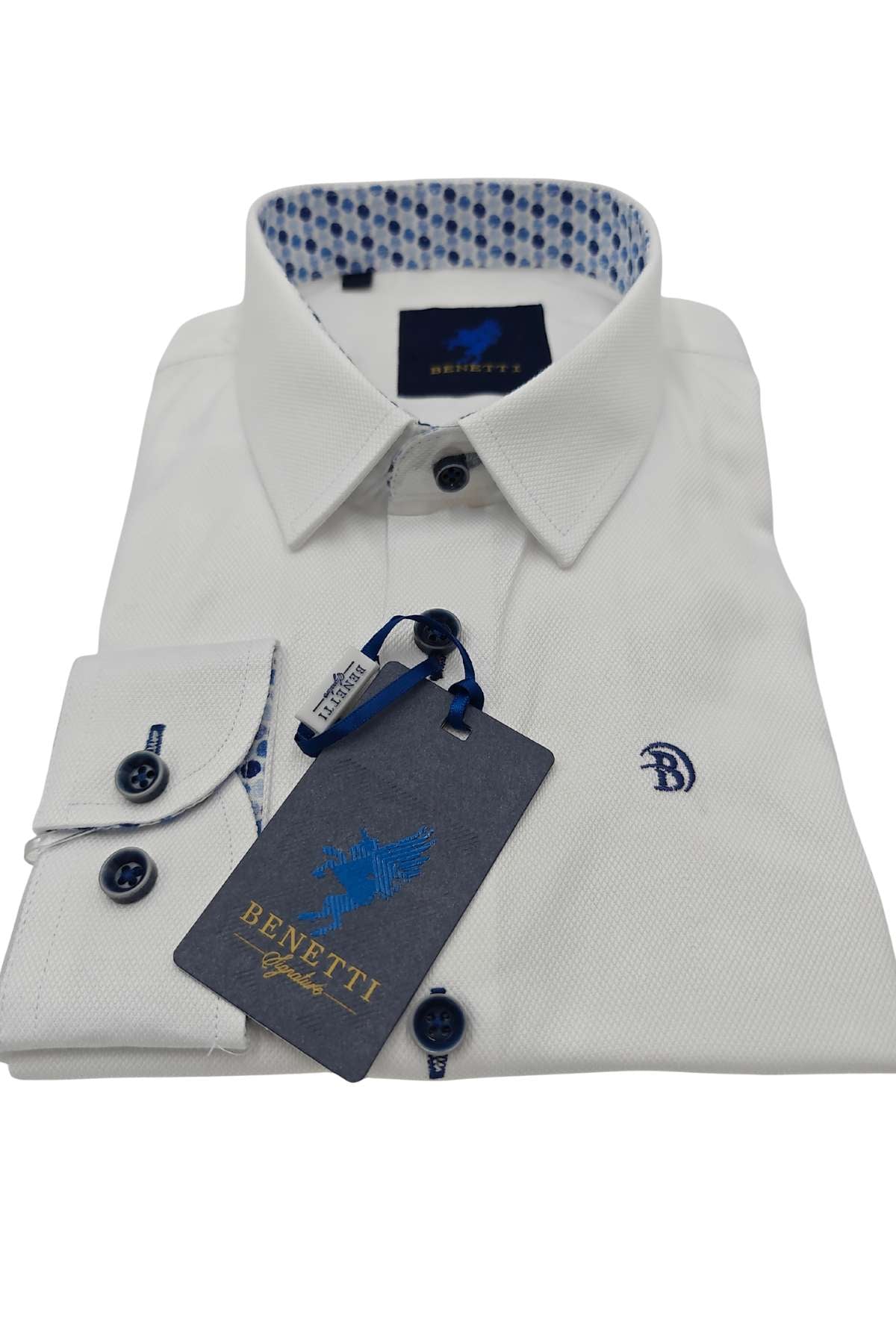 Boys white dress shirt with blue accents and a brand tag on a white background