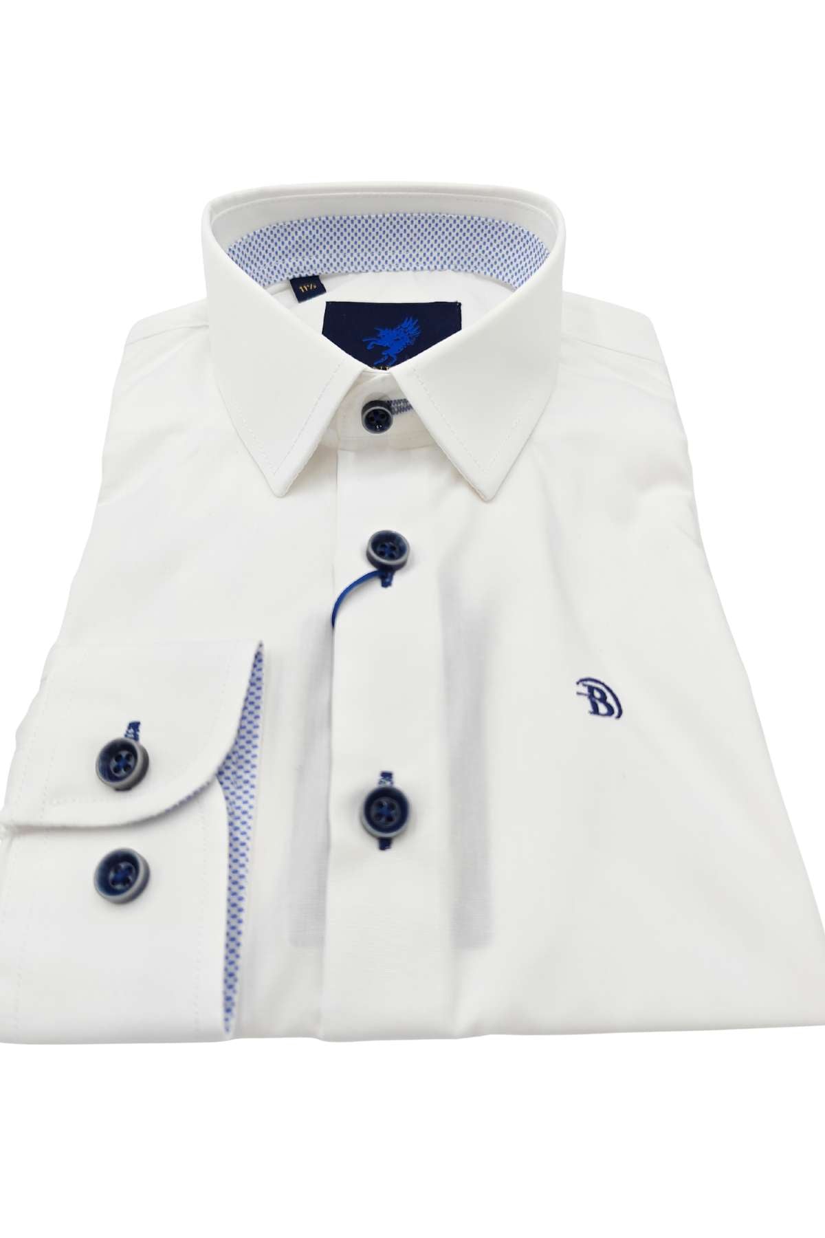 White boys dress shirt with blue accents on a white background