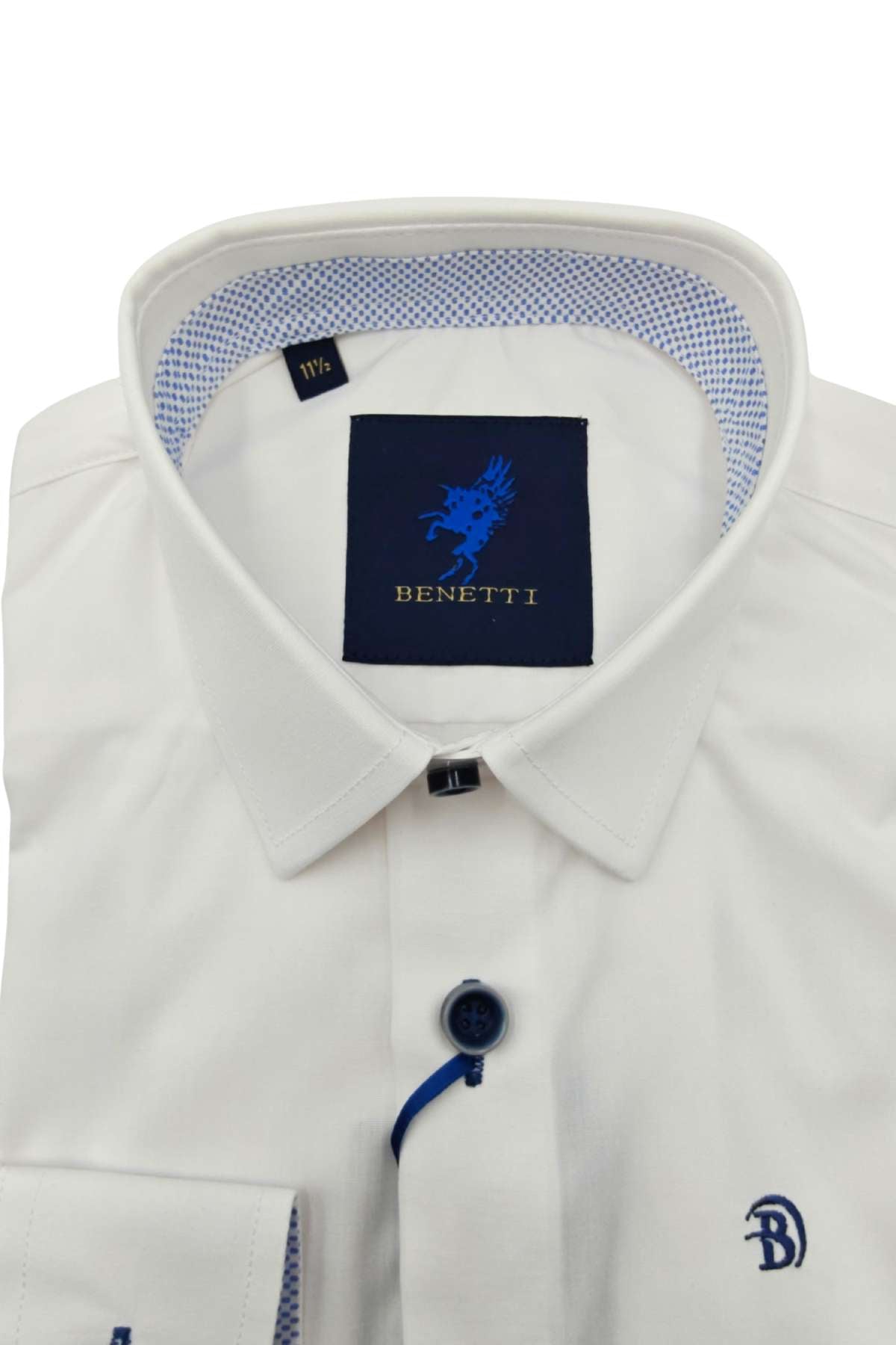 Boys white dress shirt with blue collar and button details, featuring a Benetti label.