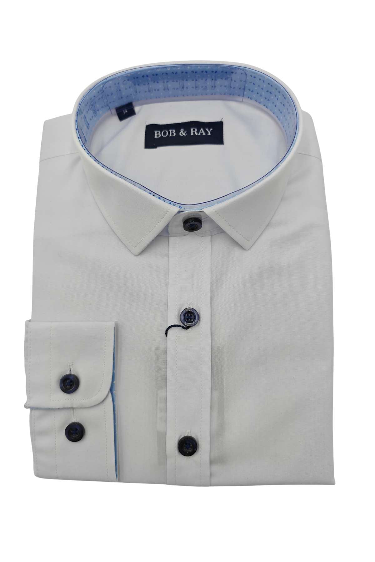Front view of boys white shirt with navy buttons