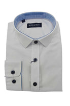 Front view of boys white shirt with navy buttons