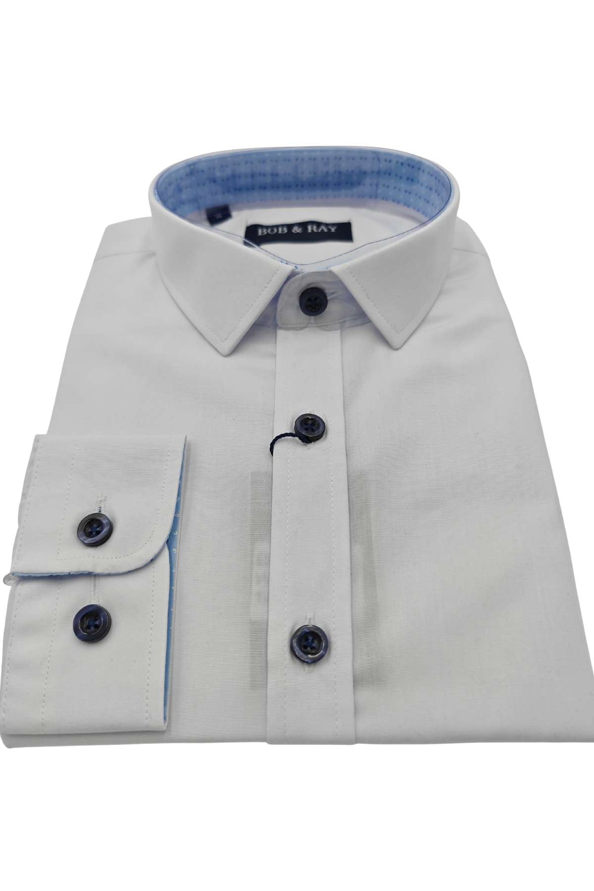 White dress shirt with blue trim and black buttons on a white background