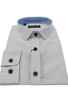 Boys white dress shirt with navy buttons and trim