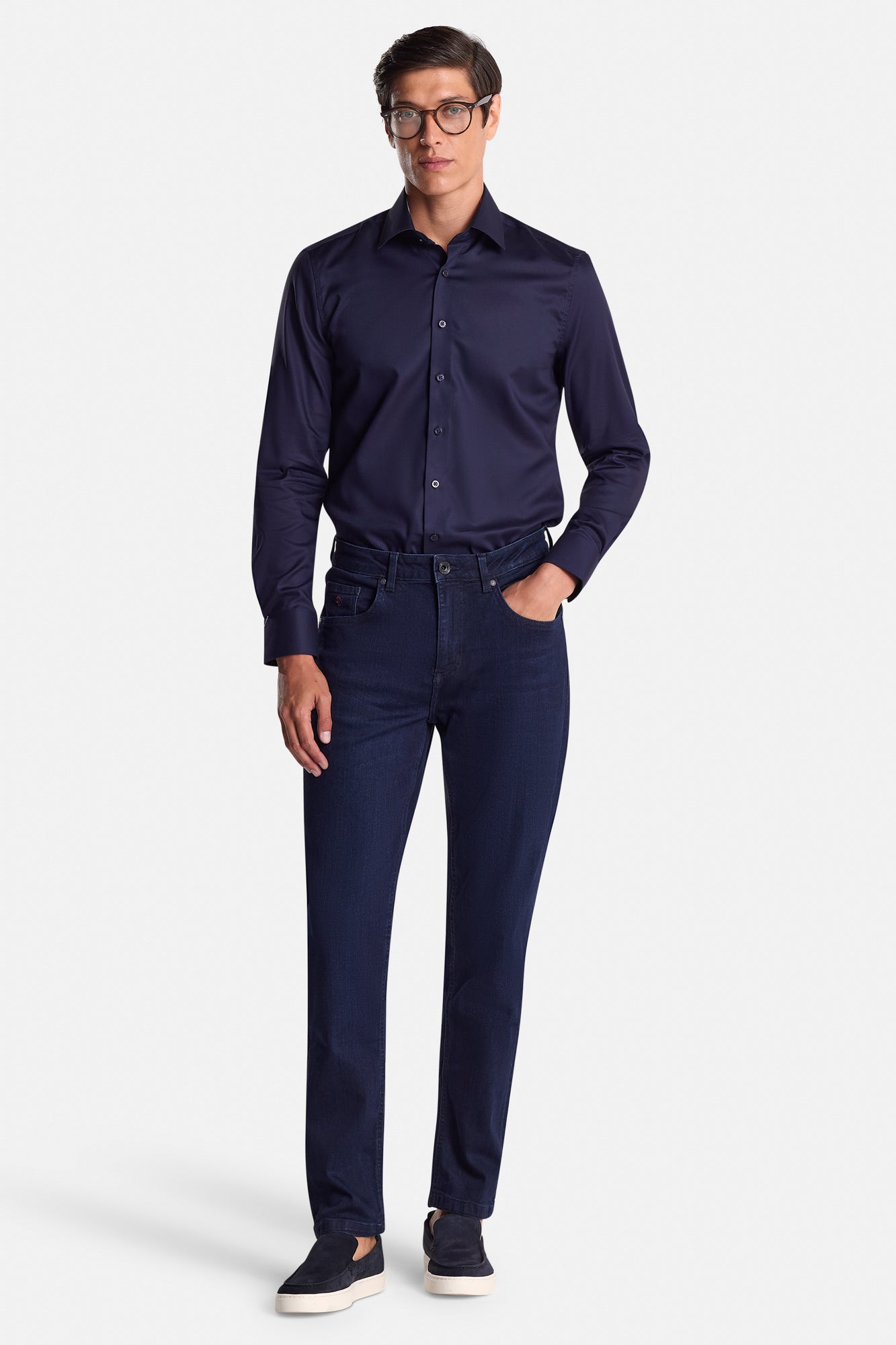 Men's Brad Tapered Fit Navy Shirt-Model Full Front View