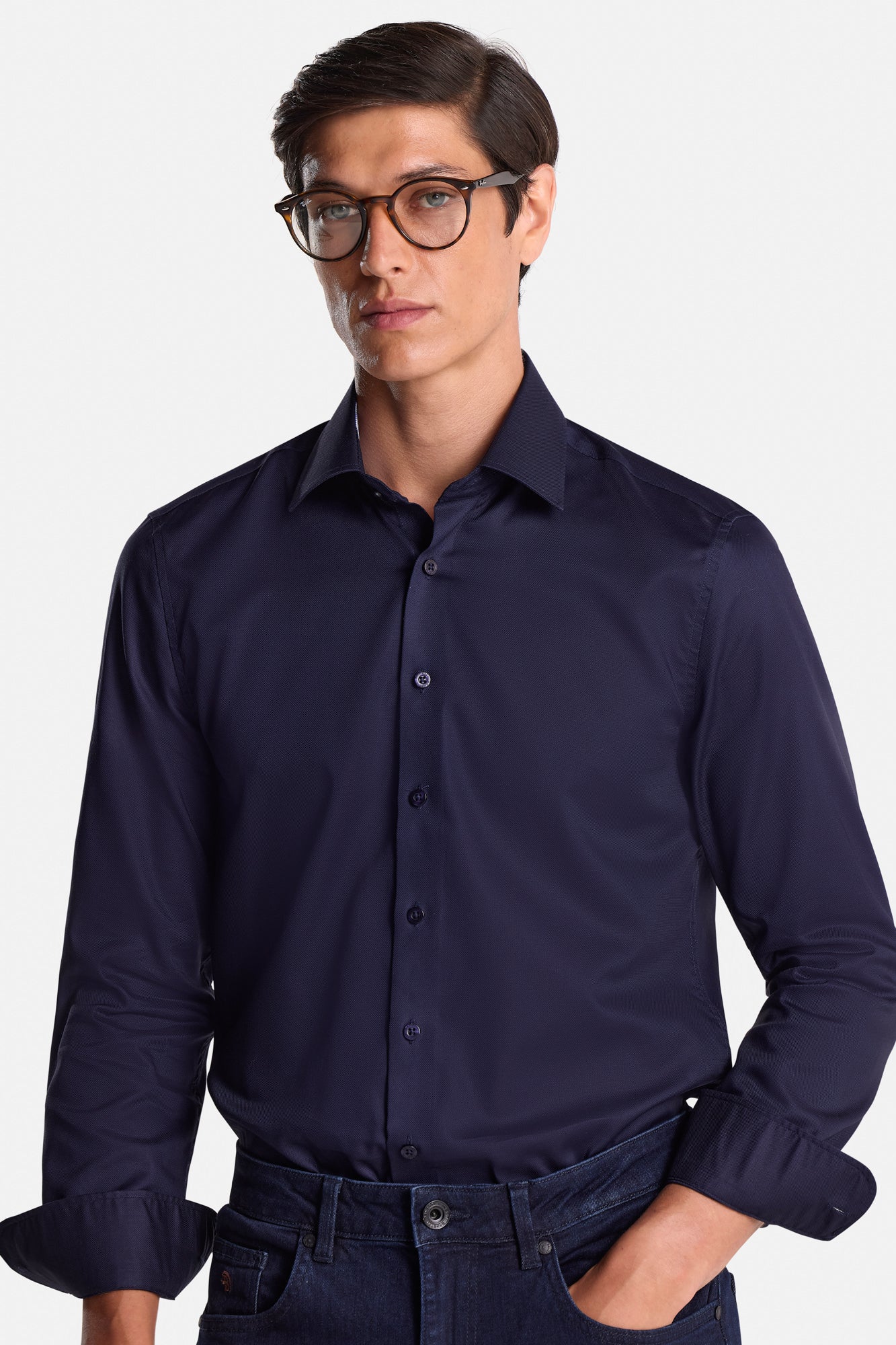 Men's Brad Tapered Fit Navy Shirt-Model Close Up View