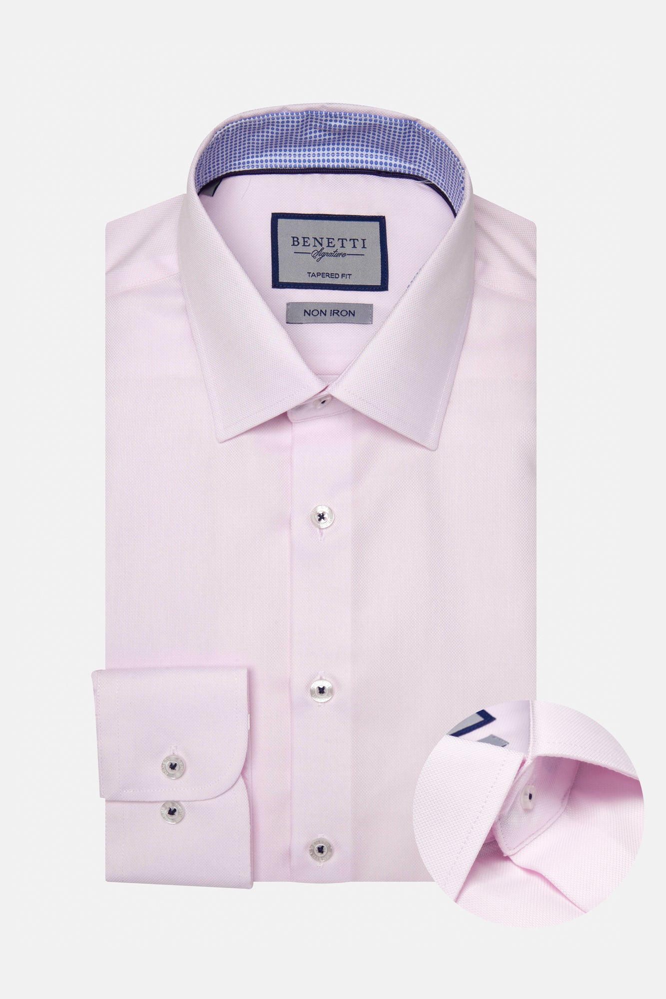 Pink dress shirt with blue collar and cuffs on a white background, featuring the brand 'Benetti'.