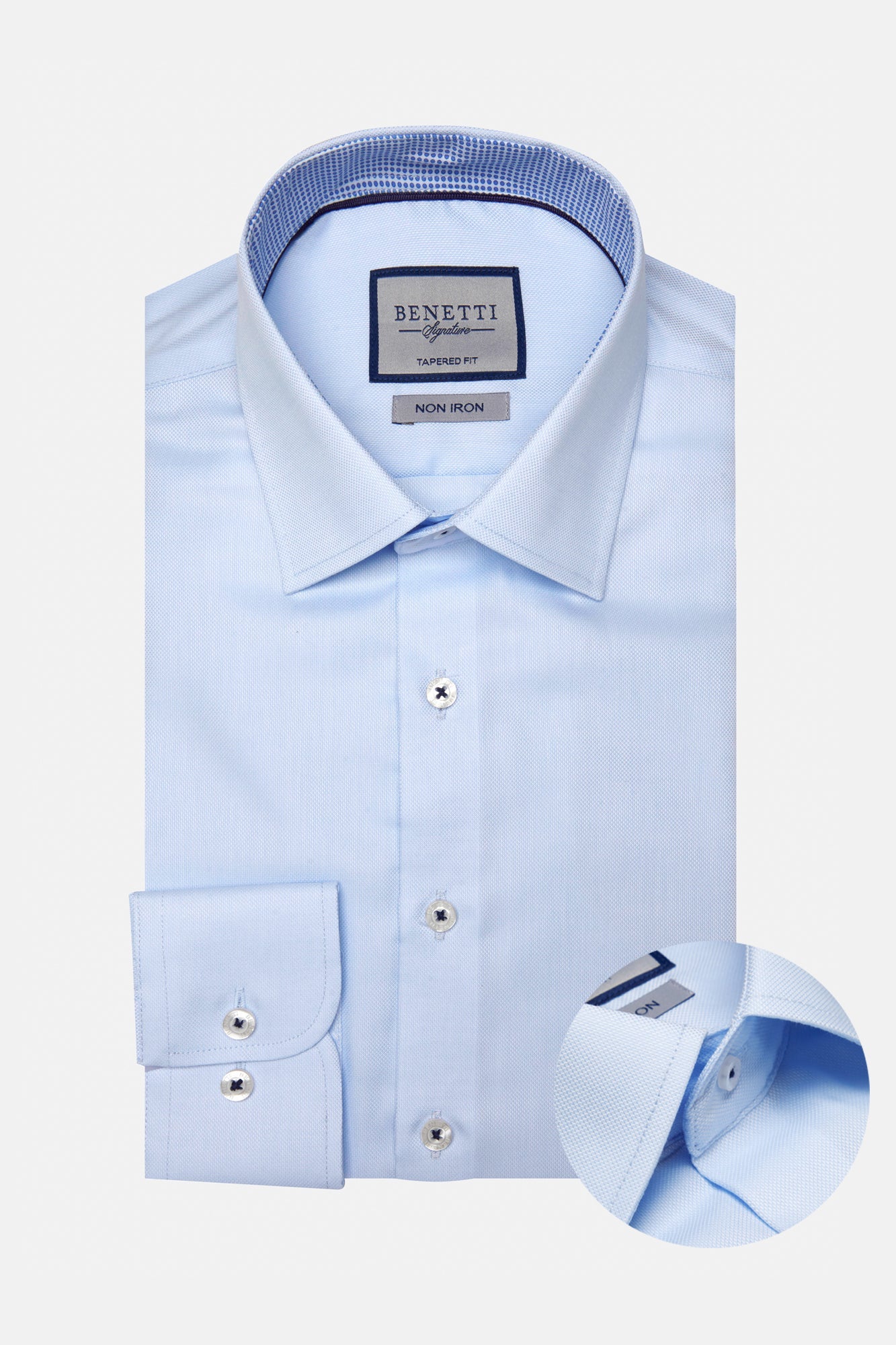 Light blue dress shirt with collar and cuff details on a white background