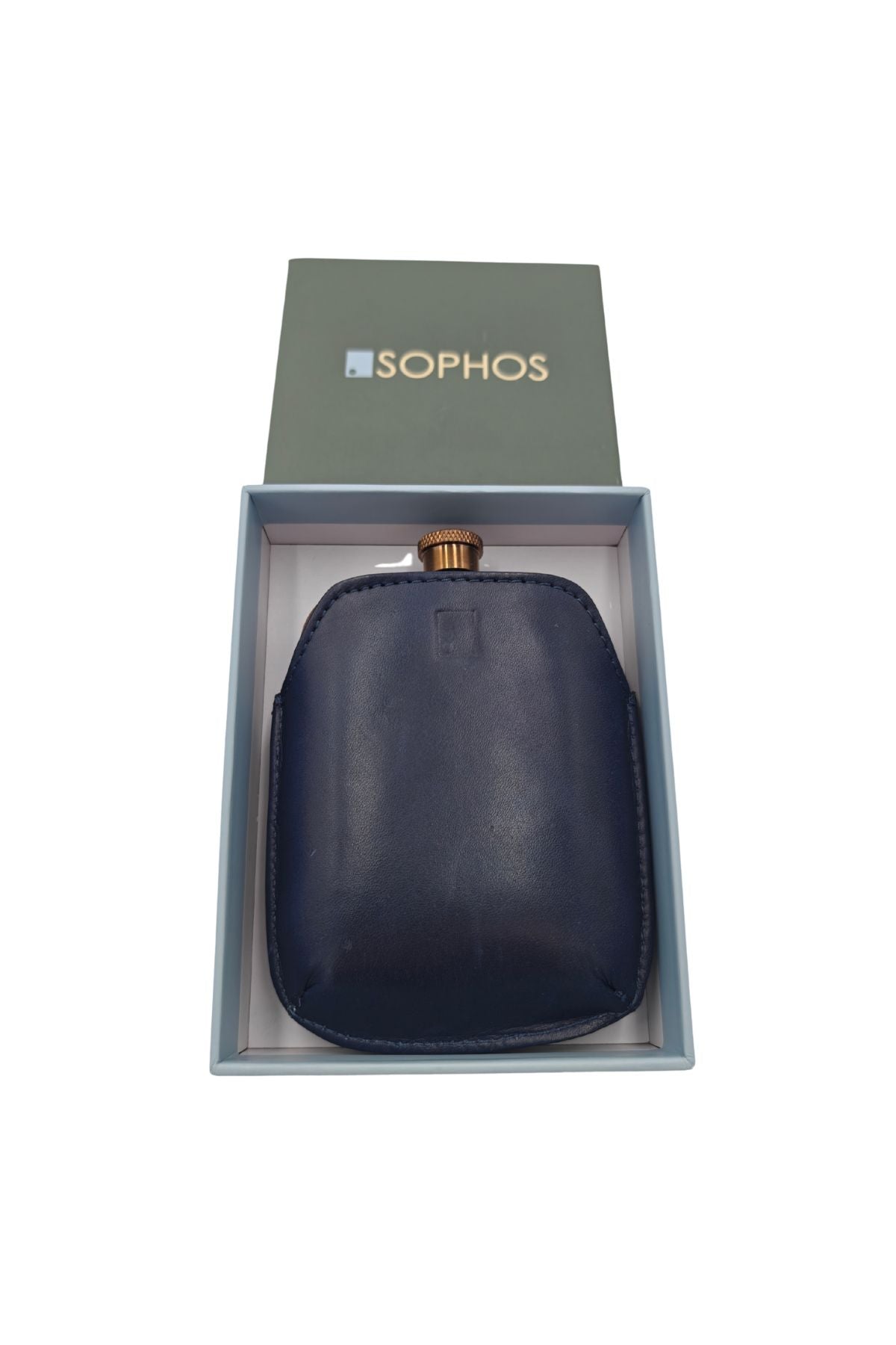 Bronze hip flask with navy leather sleeve, close product view