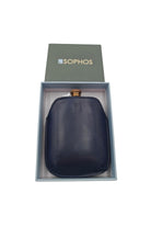 Bronze hip flask with navy leather sleeve, close product view