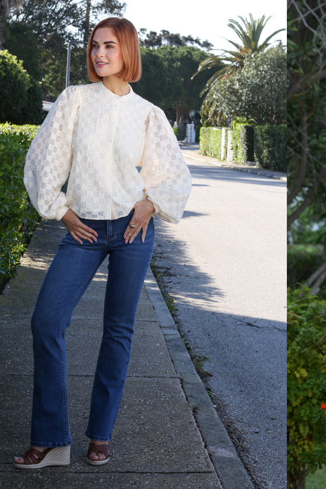 Rant & Rave Clodagh Bootcut Jean Mid Blue, front view on model