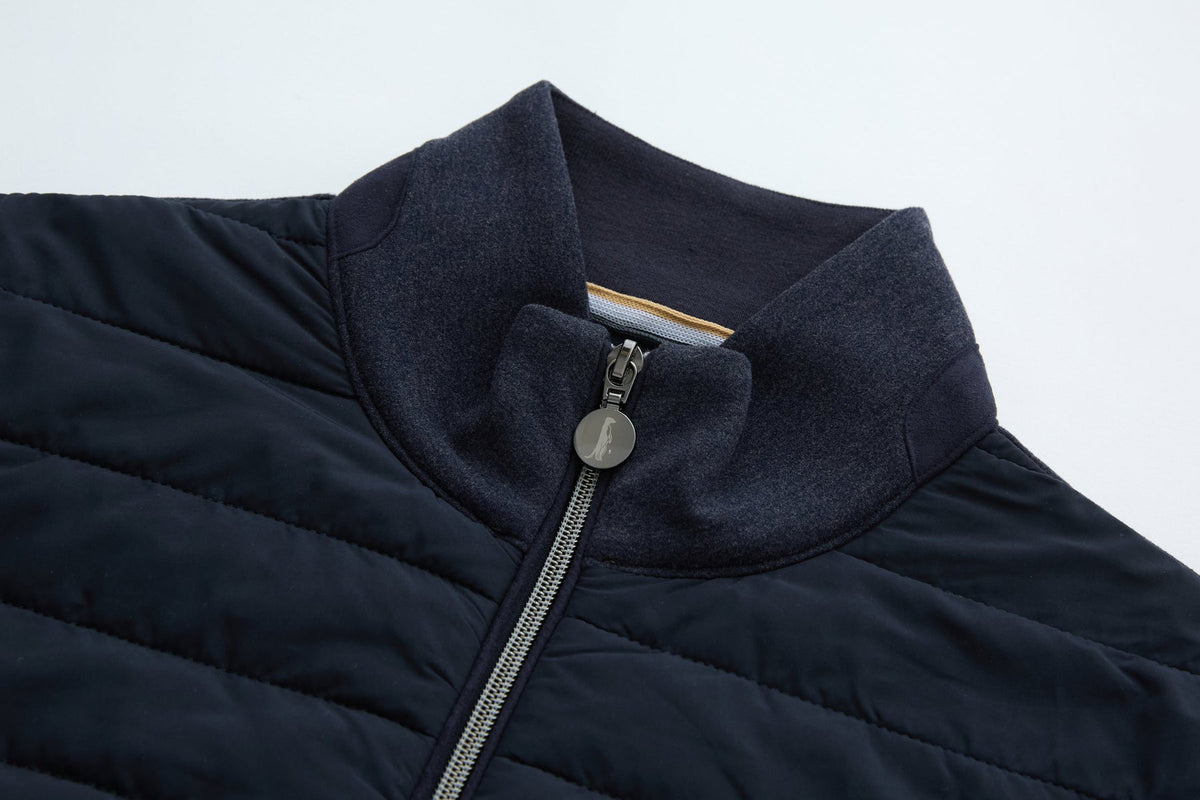 6th Sense Cloud Hybrid Full Zip Navy Jacket stand collar and silver zip pull with round logo detail