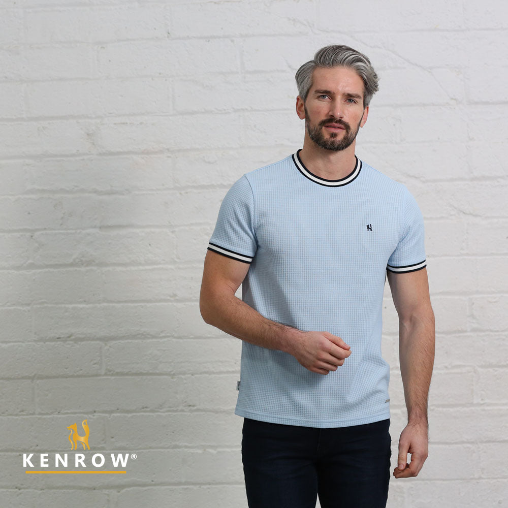 Kenrow Cormac sky textured short sleeve T-shirt worn by model, front view