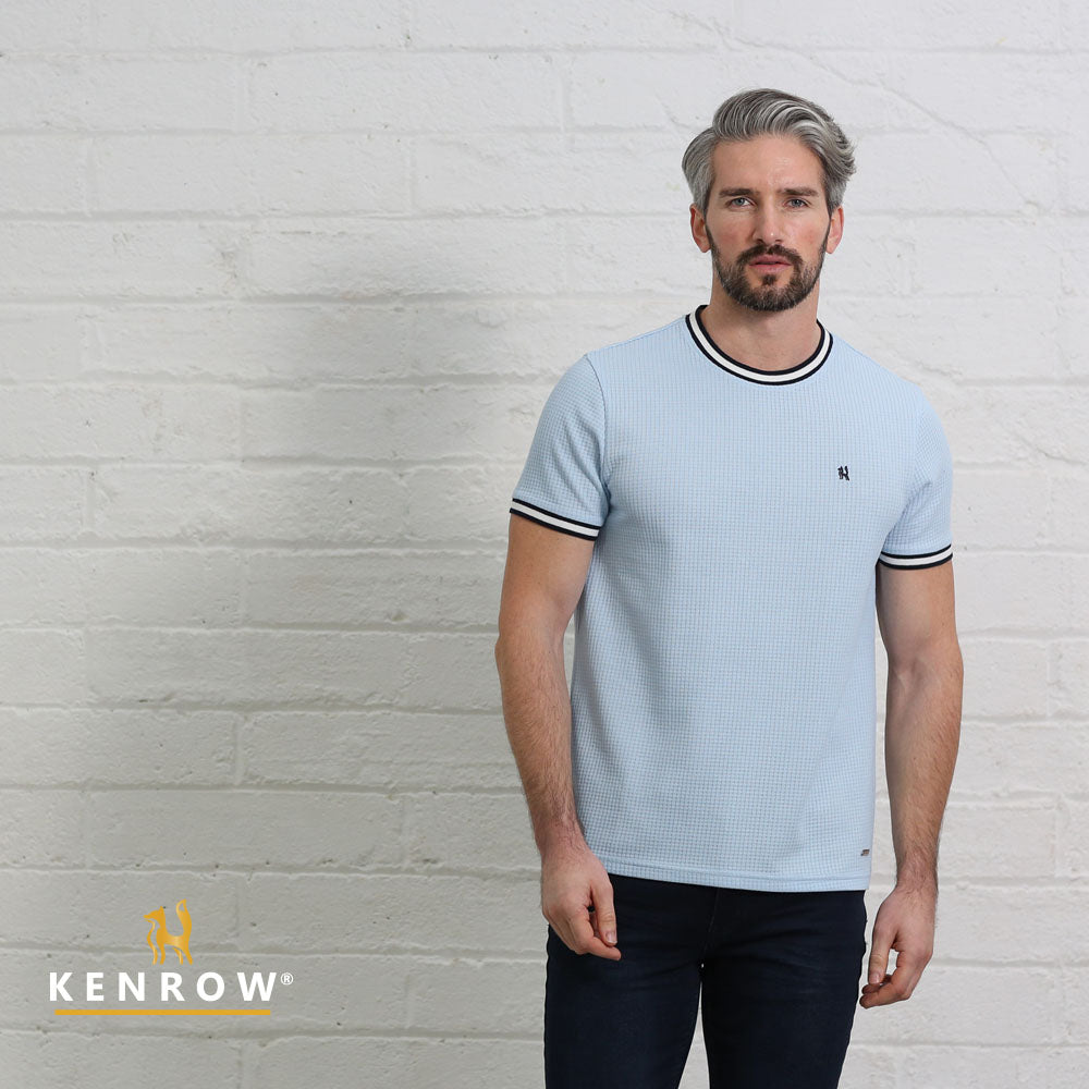 Kenrow Cormac sky textured short sleeve T-shirt worn by model, front view