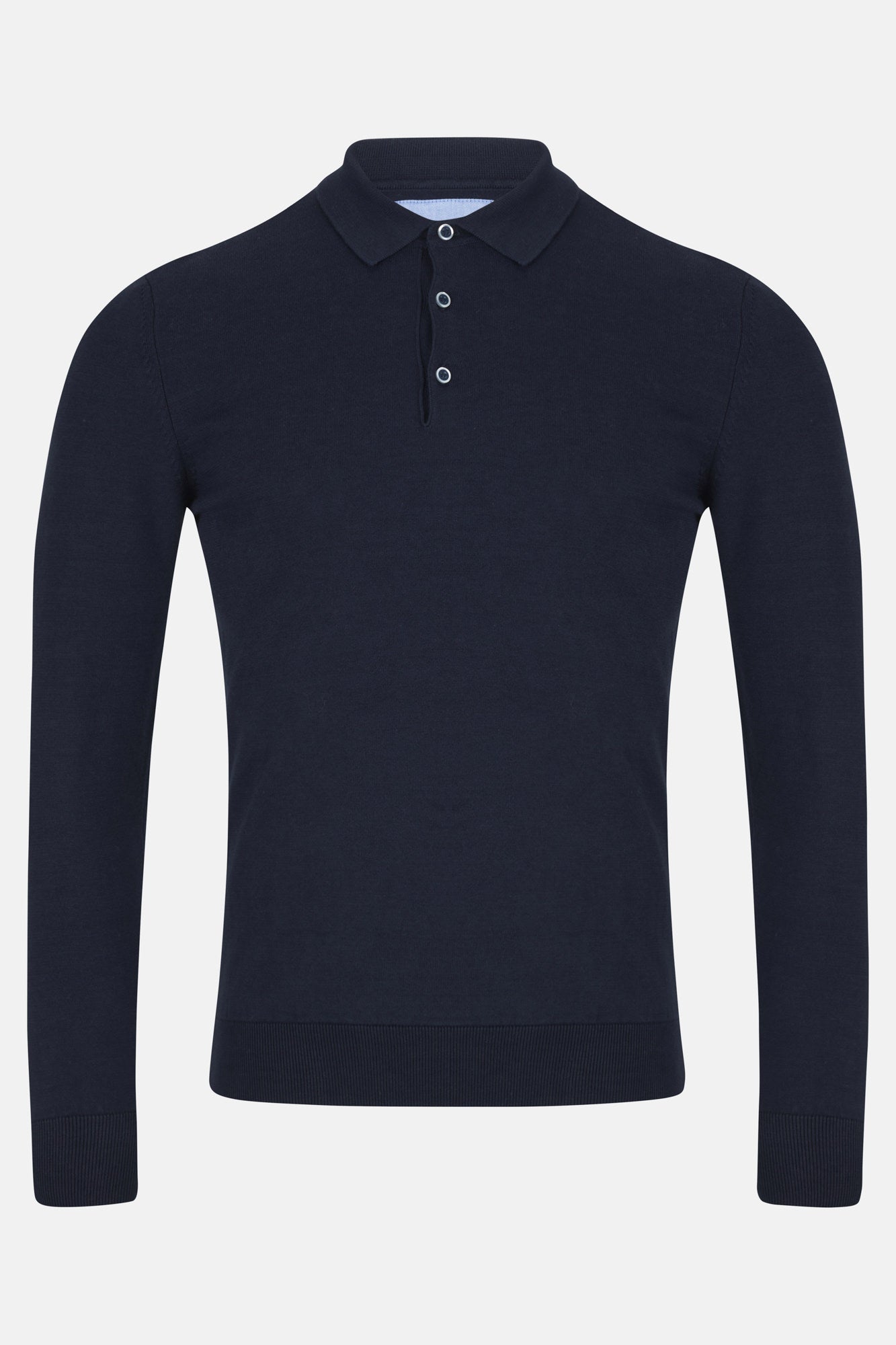 Navy blue long-sleeve polo shirt on a light gray background