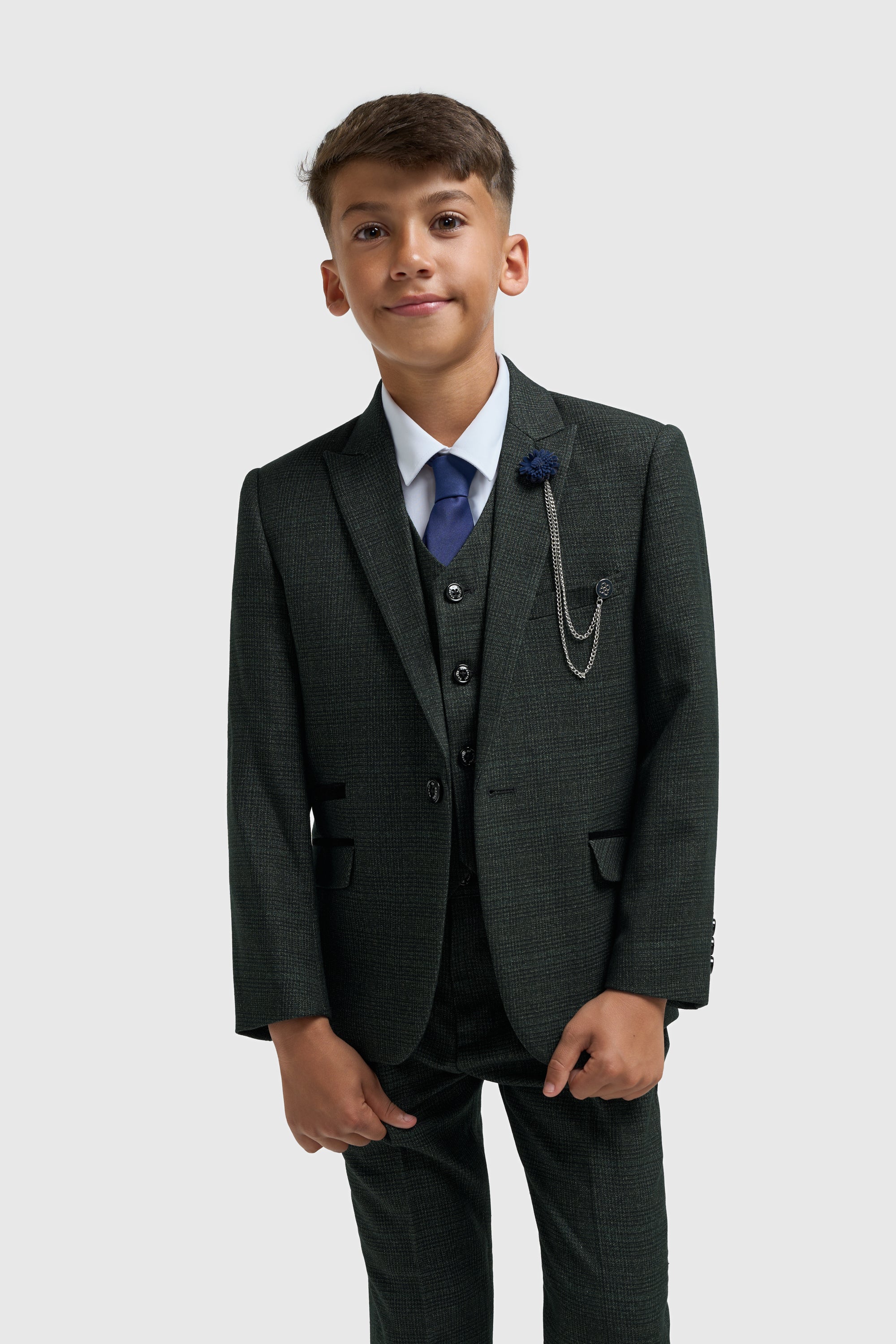 Boy's Caridi Olive Boys 3 Piece Suit-Model Front jacket view
