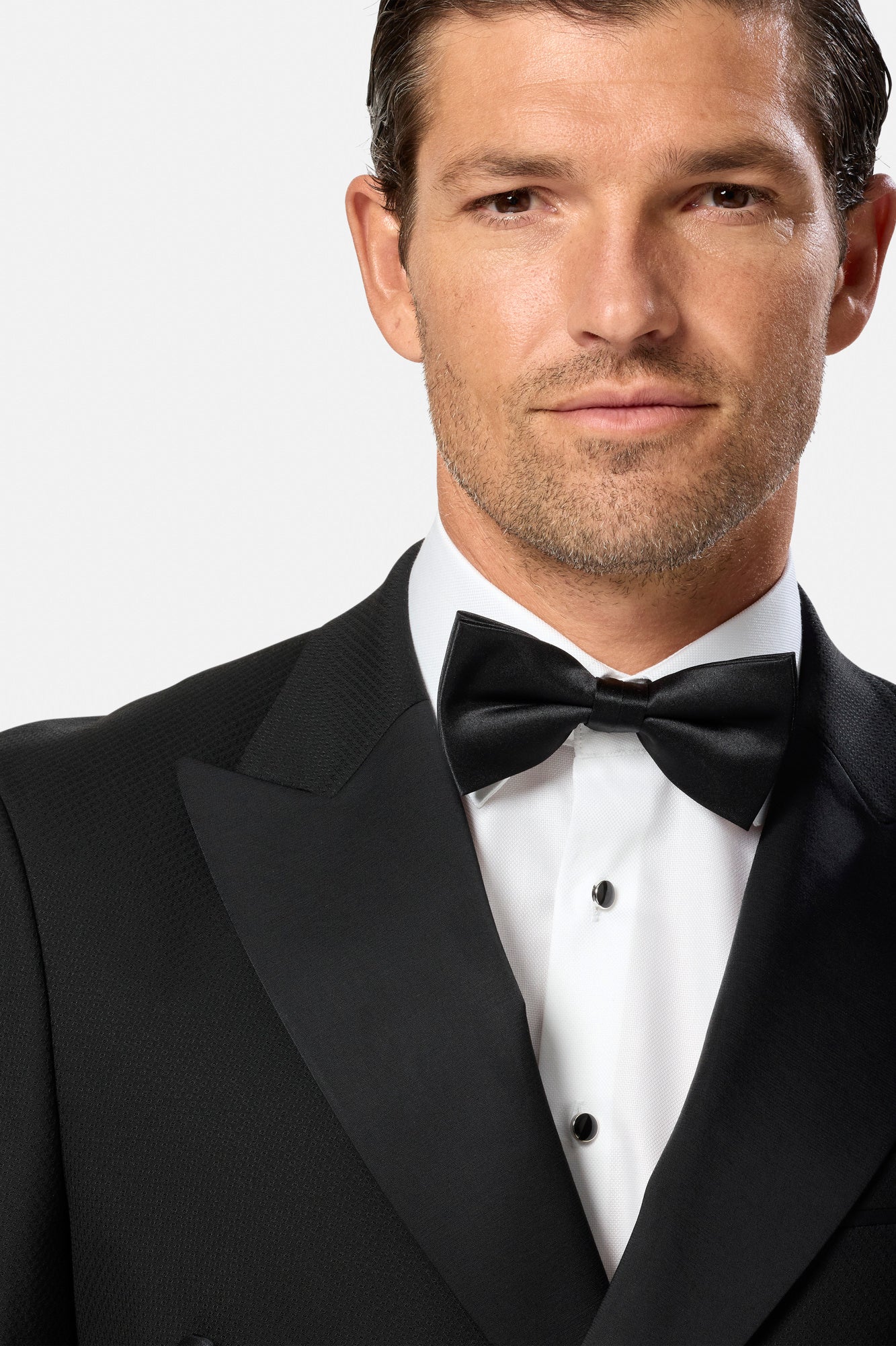 BENETTI Carnaby Double Breasted Lester Fit Tuxedo Black Jacket BLACK flat front view
