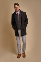 House of Cavani Sanford Black Wool Coat Black model front view