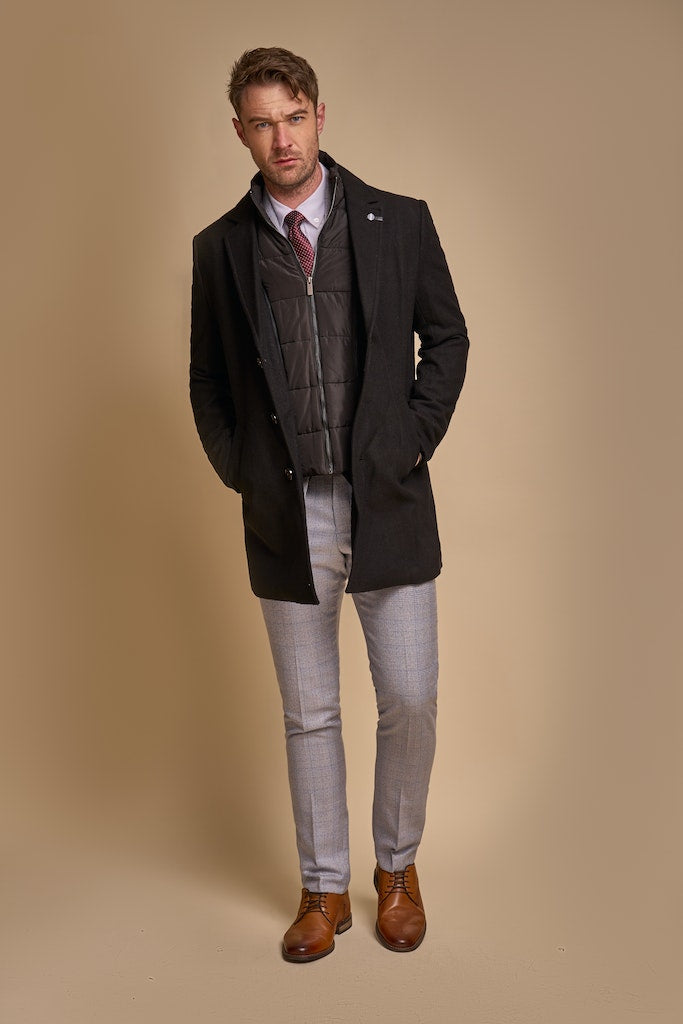 House of Cavani Sanford Black Wool Coat Black model front view