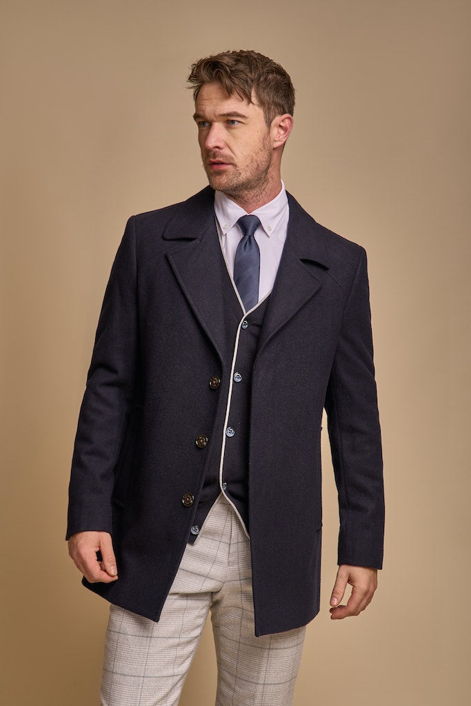 Men's Marcus Navy Wool Coat-Model Front View