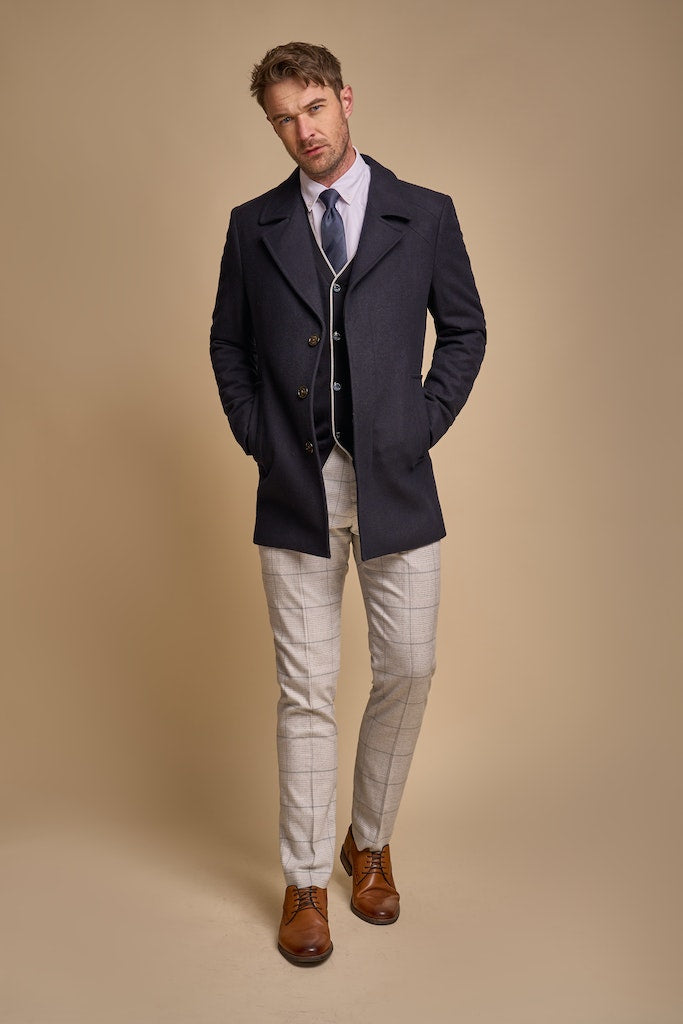 House of Cavani Marcus Navy Wool Coat Navy model front view