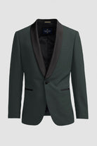 Olive tuxedo jacket with black lapels on a light gray background