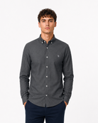 Tom Penn Slate Oxford long-sleeve shirt worn by a model, front view