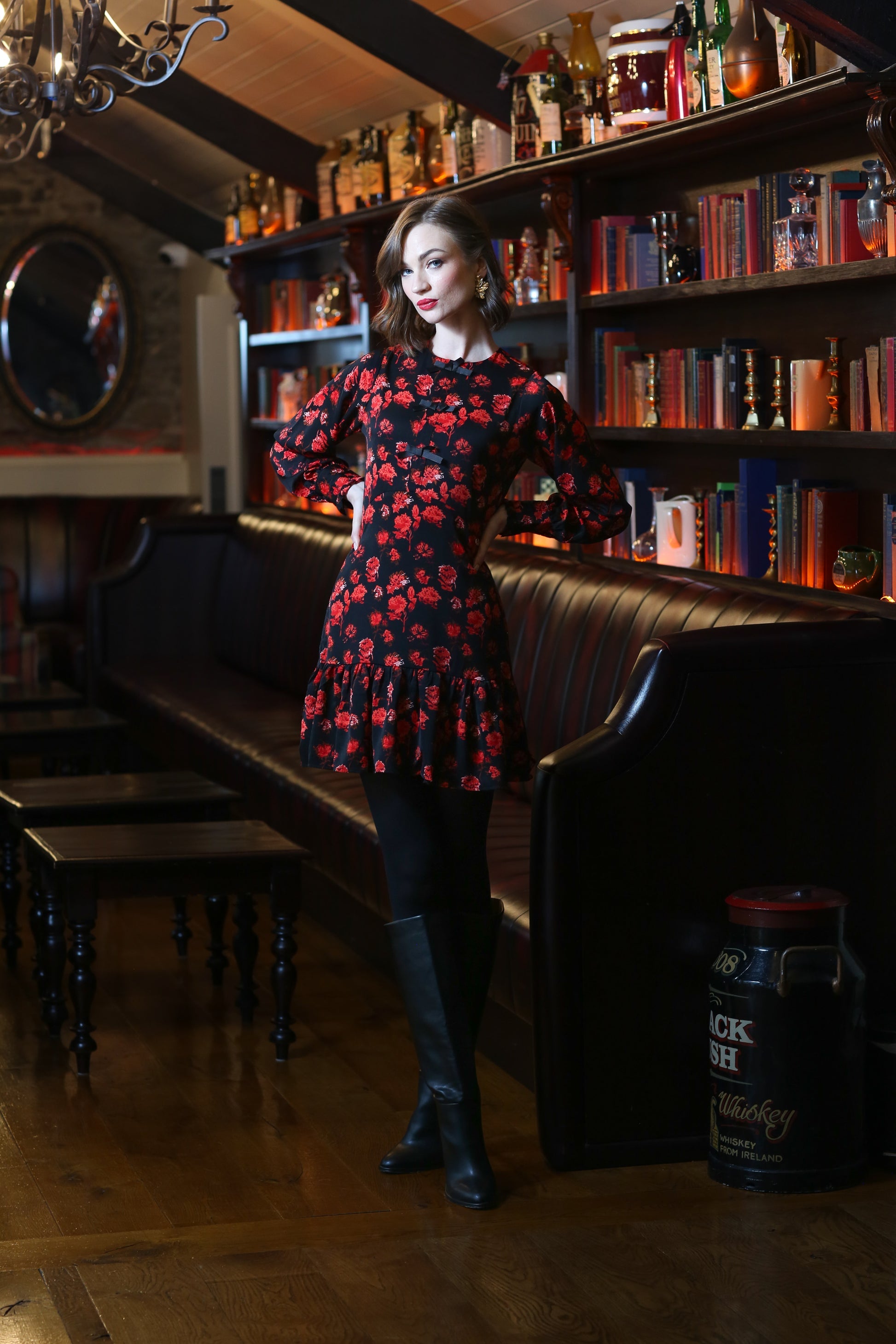 Ladies Daina Red Mini Dress-Model Full Front View