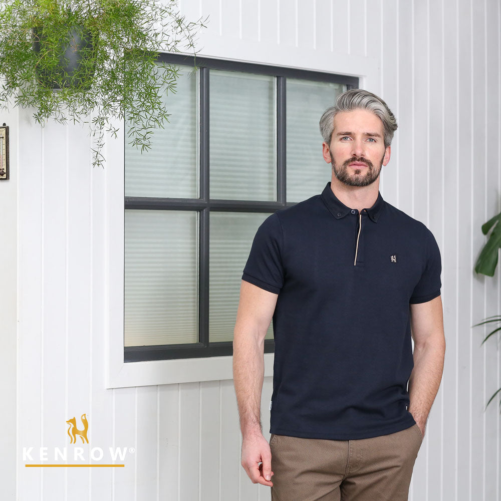 Kenrow Damien navy polo shirt worn by model, front view
