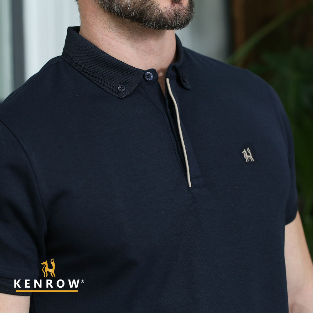 Kenrow Damien navy polo shirt detail showing collar, placket and chest logo