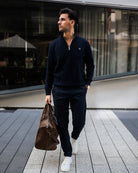 Walker & Hunt Knitted Zippy Navy Jumper Navy model front view