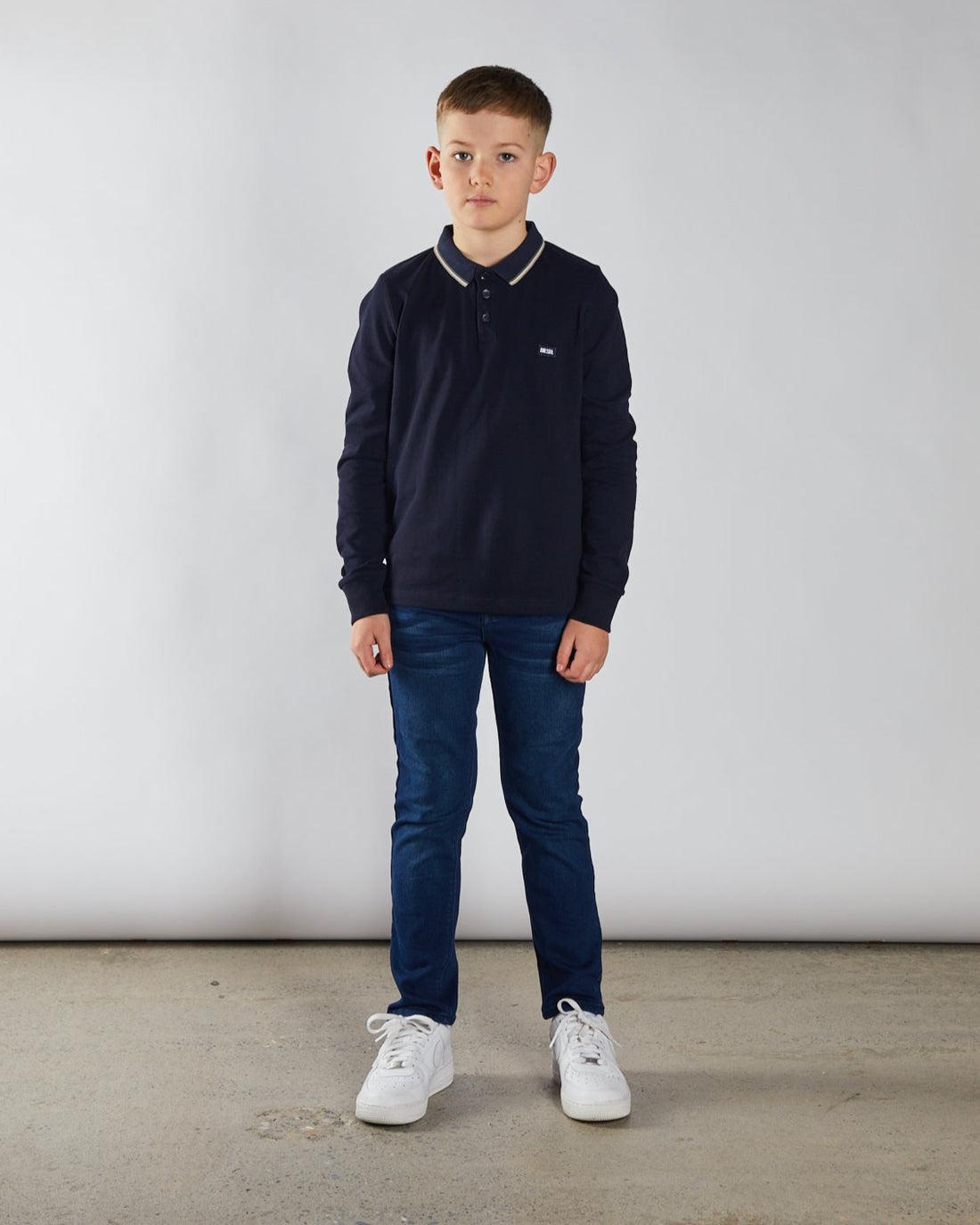 Boy's Duke Long Sleeve Navy Polo-Front View