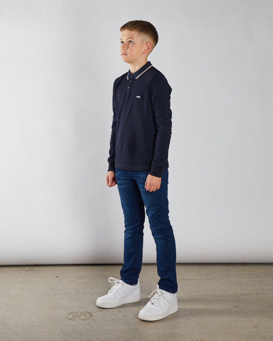 Boy's Duke Long Sleeve Navy Polo-Side View