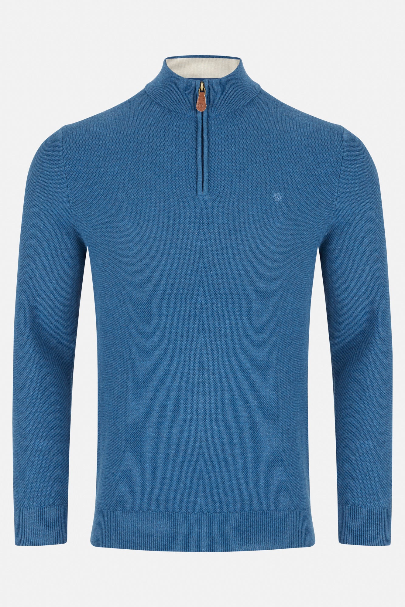 Blue sweater with a quarter zip on a light gray background