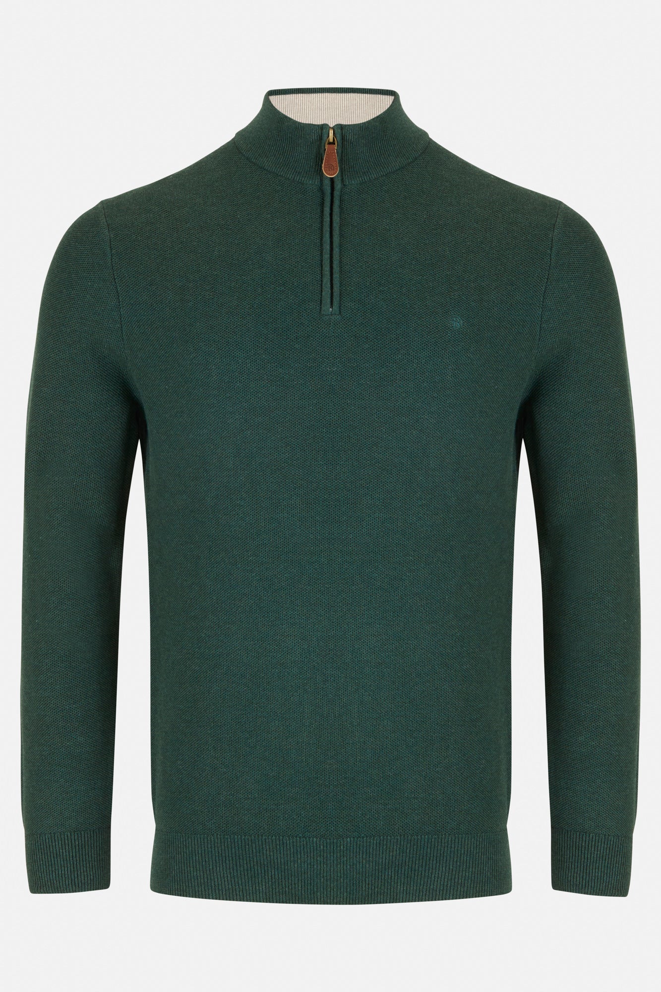 Green sweater with a quarter zip on a white background