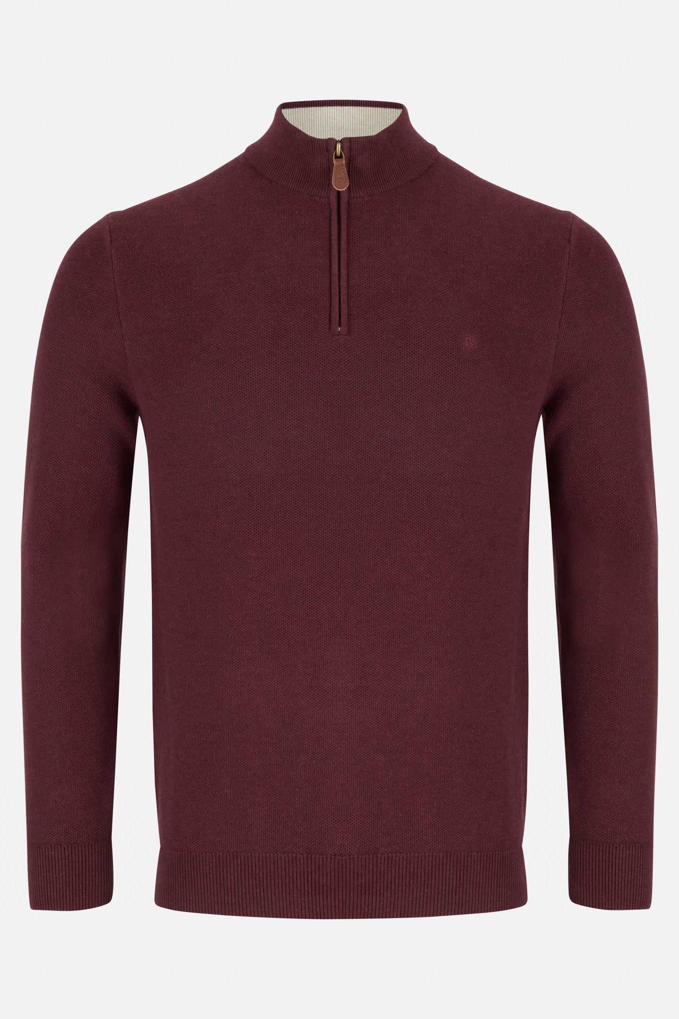 Maroon sweater with a quarter zip on a white background