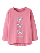 A pink long-sleeve t-shirt with a graphic print of three white and silver unicorns on the front, set against a plain white background.