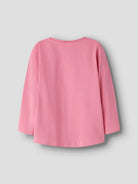 A pink long-sleeve top shown from the back, photographed against a solid light gray background.