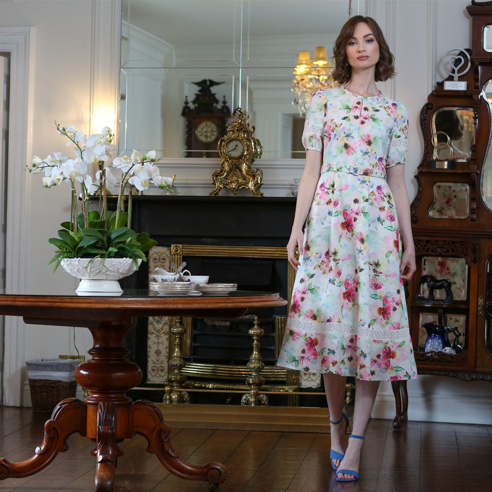 Ladies Eden White Midi Dress-Model Full Front View