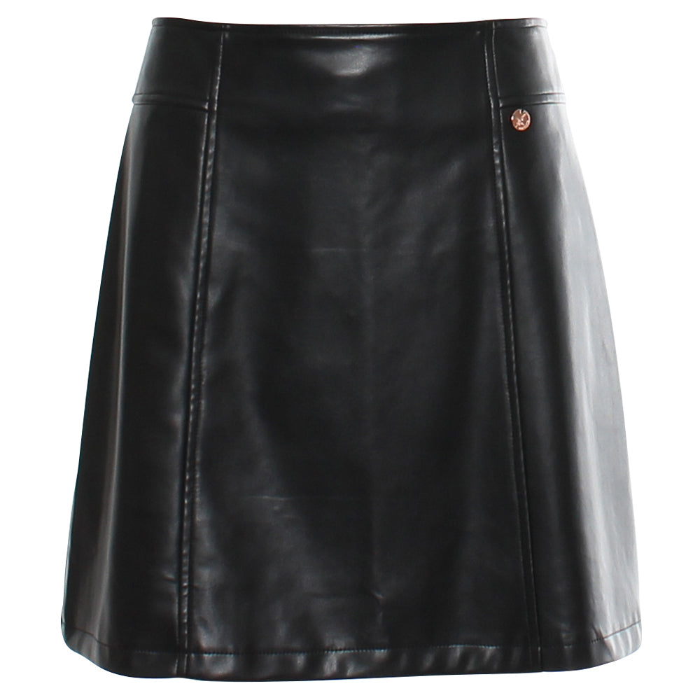 Ladies Elssa Leather Look Black Skirt-Front View